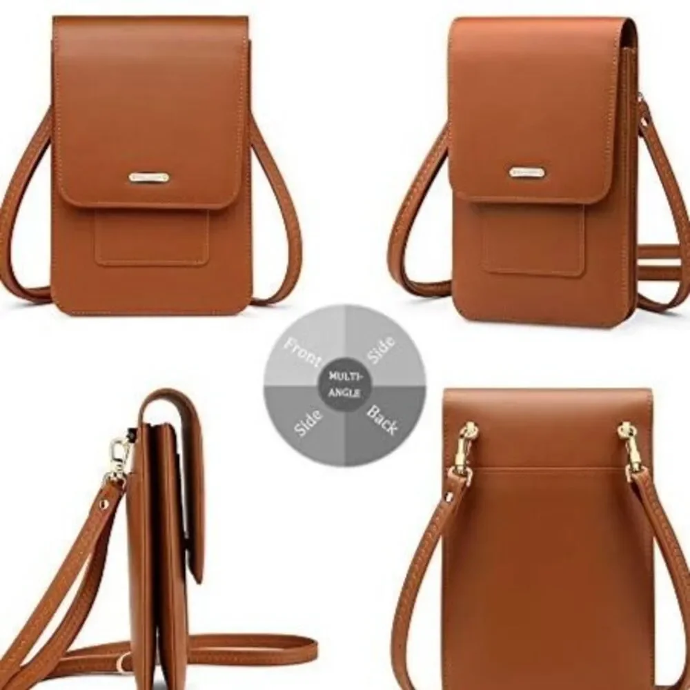 Women's Vegan Leather Carmel Brown Cell Phone Crossbody Bag With RIFD Protection - Picture 6 of 6